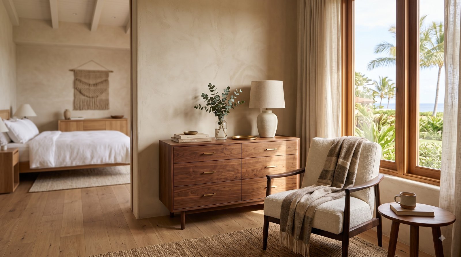 Resort bedroom with wooden dresser