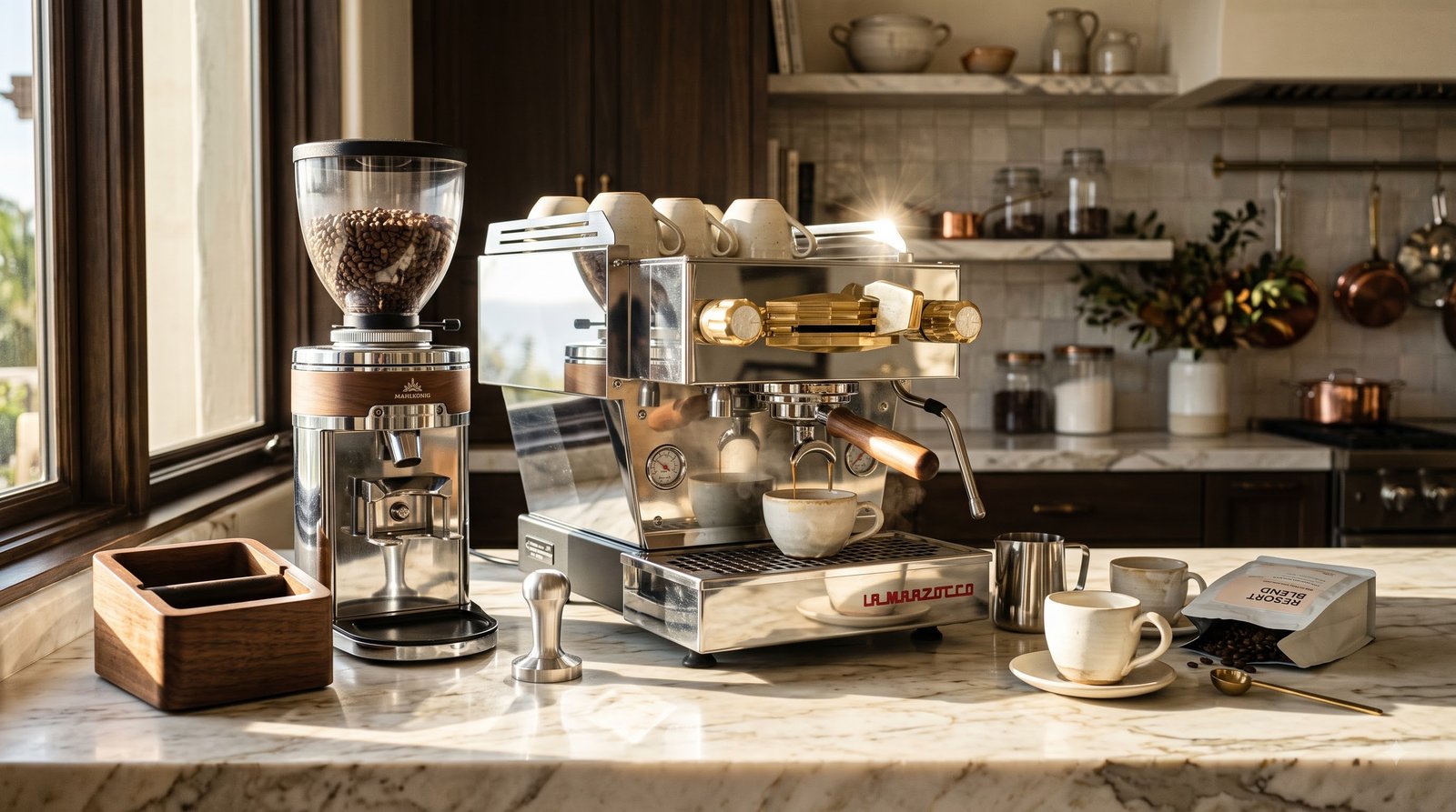 Coffee station on a stone countertop