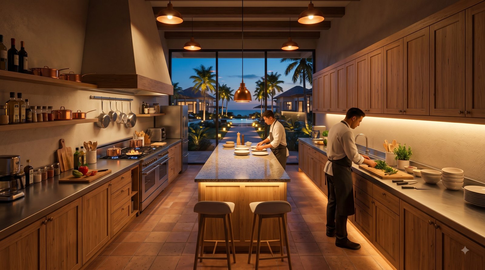 Resort kitchen at dusk