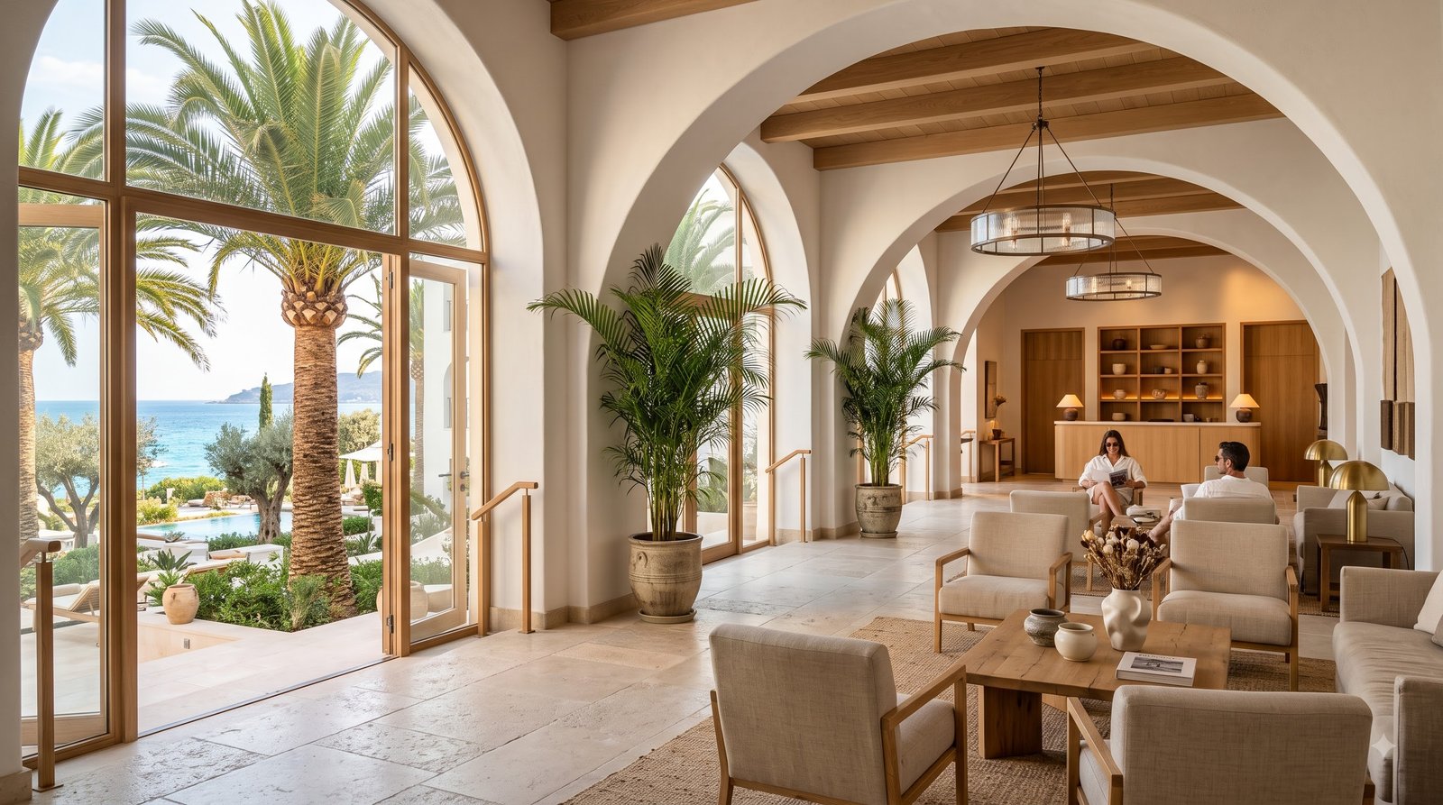 Resort lobby framed by palms