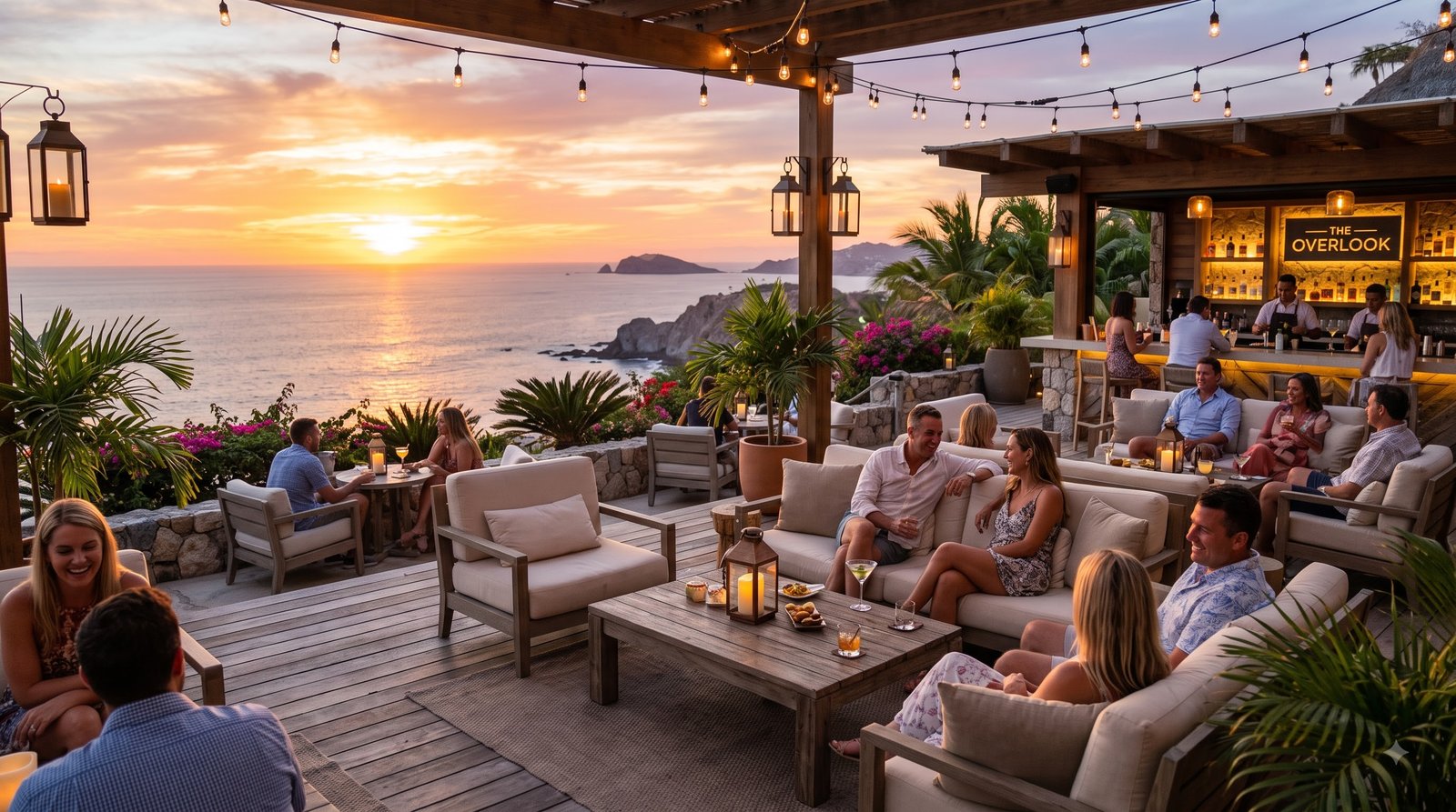 Outdoor bar at sunset